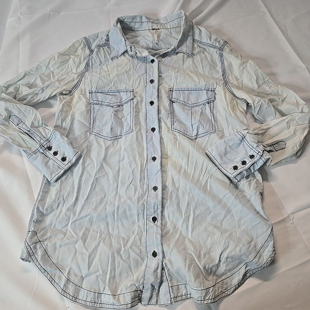 Ice Blue Button Up Shirt Women S Free People Boho Western Chic Minimalist